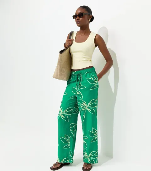 Green Crinkle Texture Palm Print Wide Leg Trousers