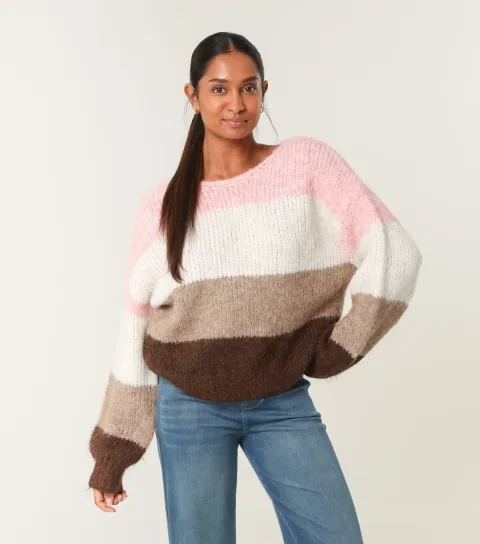 Pink Striped Slash Neck Knit Jumper