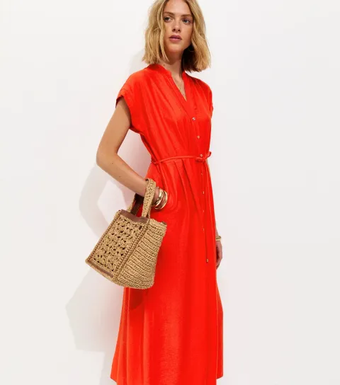Bright Red Toggle Shirt Midi Dress