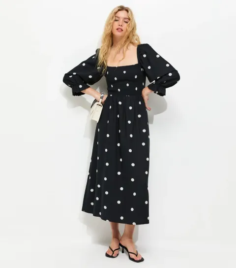 Black Polka Dot Shirred Cropped Sleeve Midi Dress