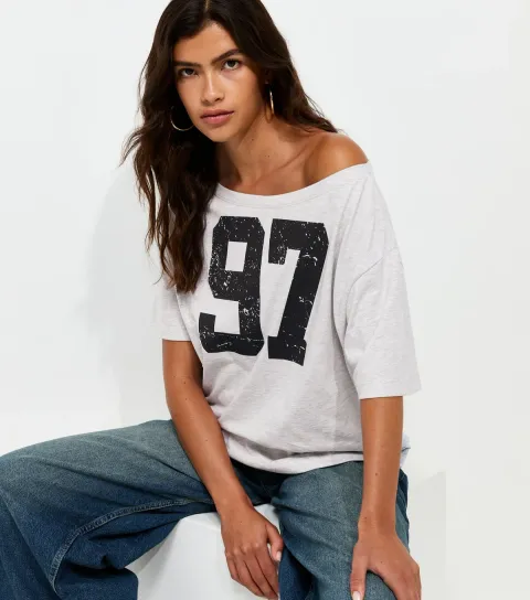 Grey Marl Cotton Rich 97 Off The Shoulder T-Shirt