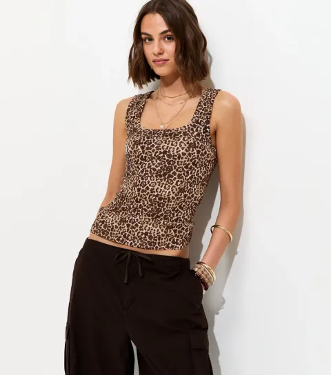 Brown Leopard Print Square Neck Vest Top