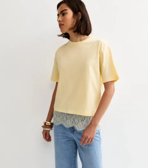 Light Yellow Lace Hem Boxy T-Shirt