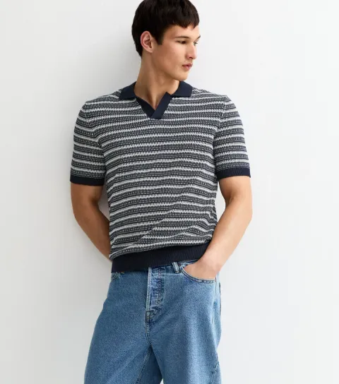 Navy Geometric Knit Polo Shirt