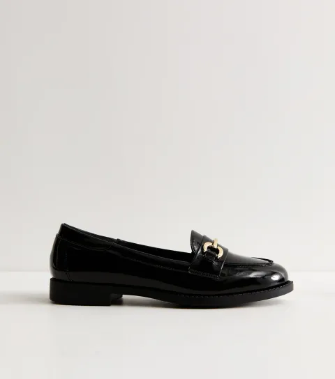 Black Patent Faux Leather Horsebit Loafers Vegan