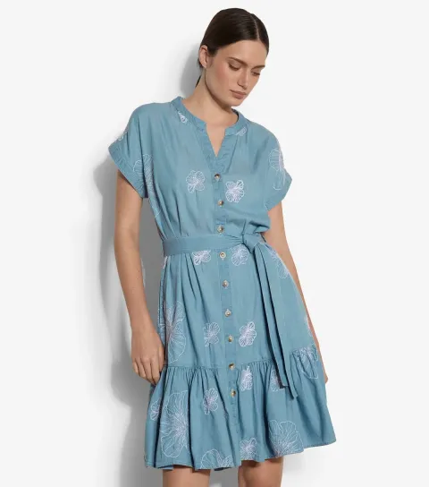 Light Blue Floral Embroidered Denim Button Mini Dress