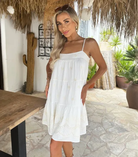 Cream Embroidered Tiered Babydoll Mini Dress