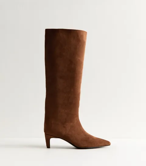 Rust Faux Suede Low Stiletto Heel Knee High Boots Vegan