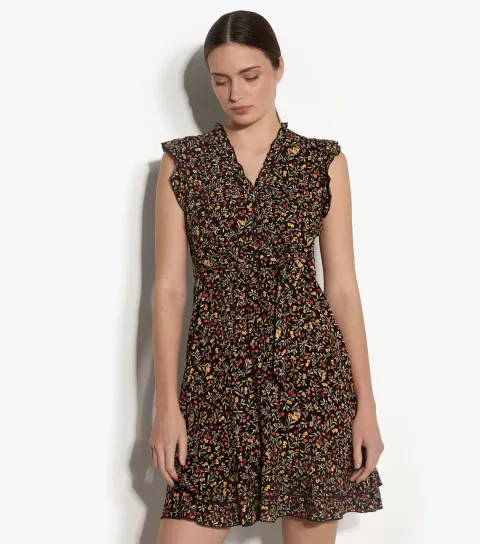 Black Flower Print Ruffle Trim Mini Dress