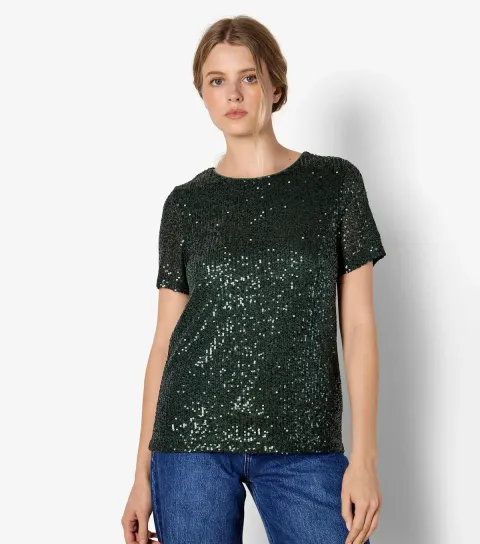 Dark Green Sequinned T-Shirt