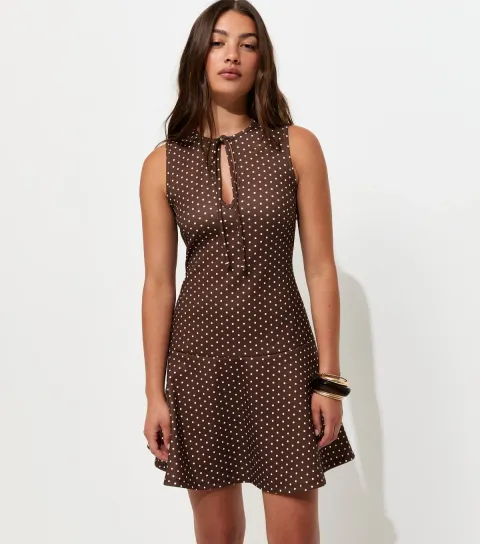 Brown Spot Print Keyhole Drop Waist Mini Dress