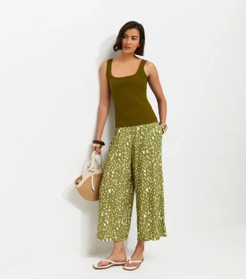 Green Spot Print Cropped Wide Leg Trousers