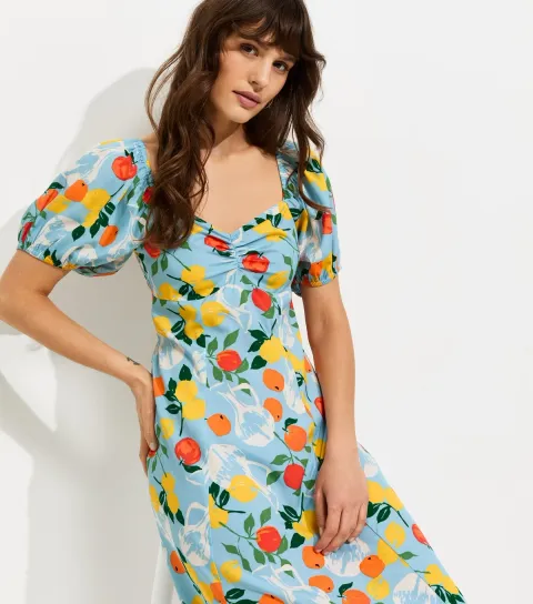 Tall Blue Fruit Print Crepe Midi Dress