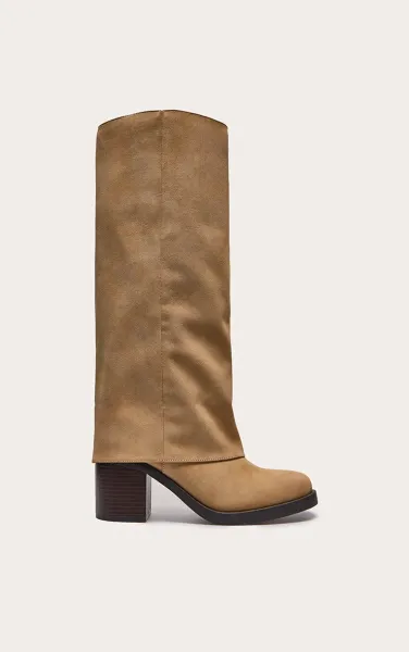 Camel Faux Nubuck Round Toe Fold Over Low Block Heel Boots