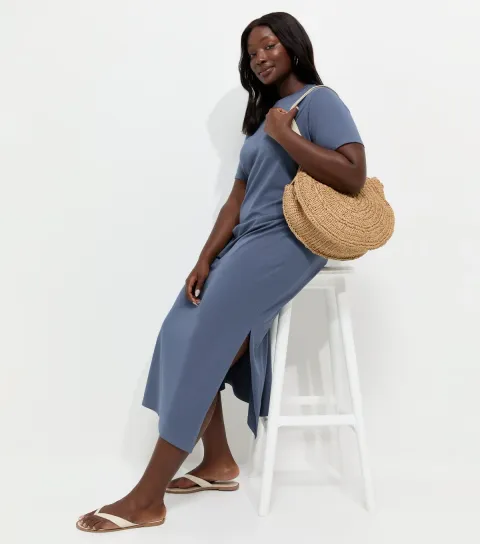 Plus Size Navy Cotton Rich Ruched T-Shirt Midi Dress Curves