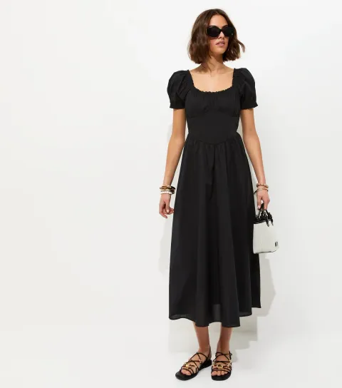 Black Lace Trim Milkmaid Midi Dress