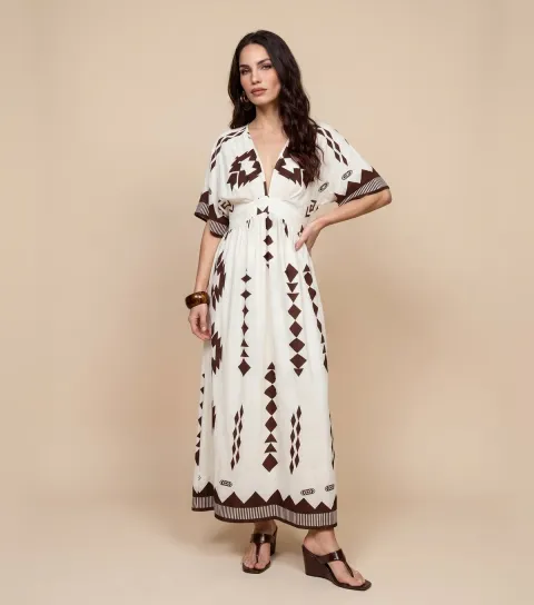 Brown Geometric Print Angel Sleeve Maxi Dress