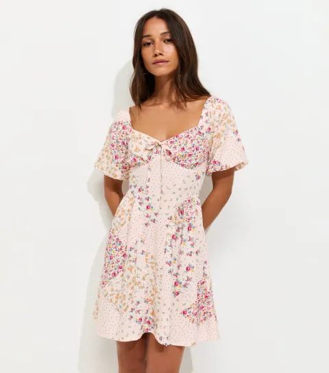 Cream Floral Patchwork Print Milkmaid Mini Dress
