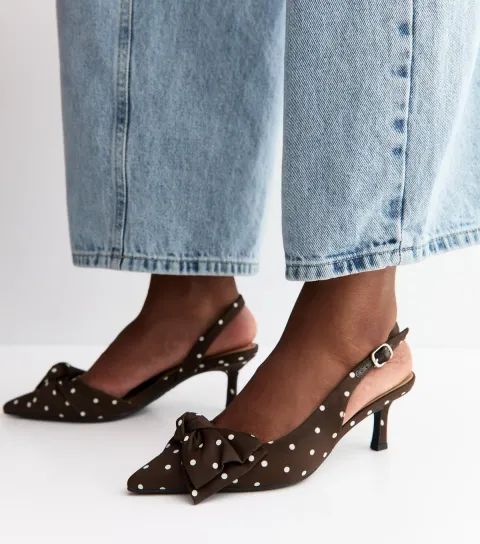 Dark Brown Satin Polka Dot Slingback Court Shoes Vegan
