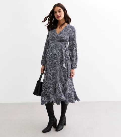 Maternity Blue Frill Trim Wrap Midi Dress