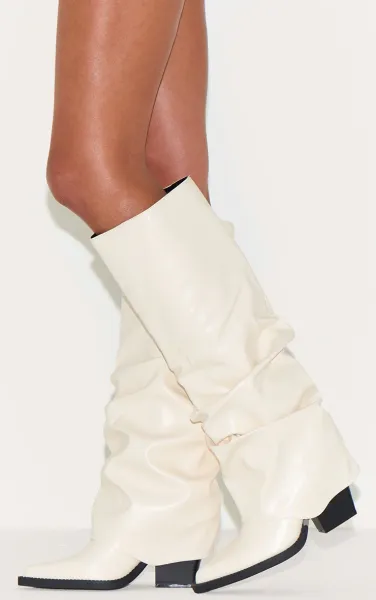 Cream Pu Point Toe Fold Over Block Heel Knee High Boots