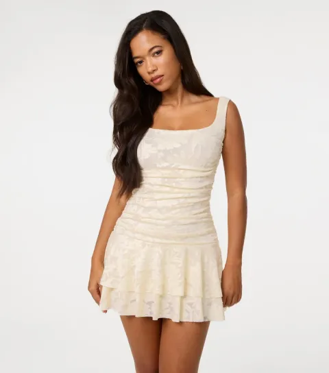Off White Ruched Square Neck Mini Dress
