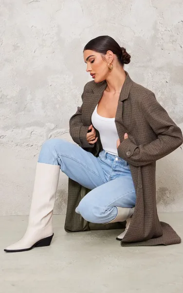 Cream PU Point Toe Black Heel Western Boots