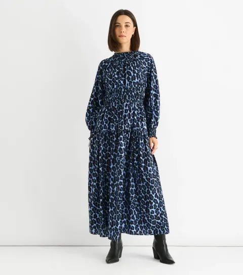 Blue Animal Print Shirred Midi Dress