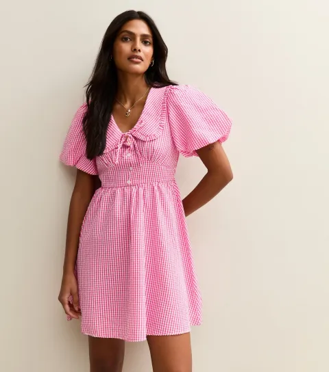 Pink Gingham Crinkle Texture Collared Puff Sleeve Mini Dress
