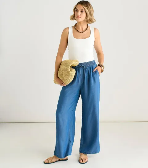 Blue Drawstring Waist Wide Leg Trousers