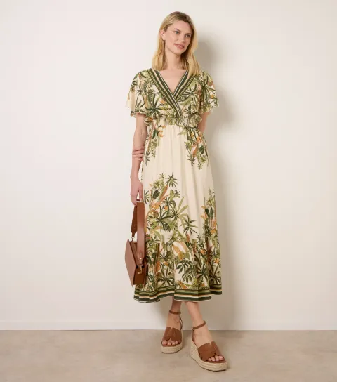 Green Tropical Print Midi Dress
