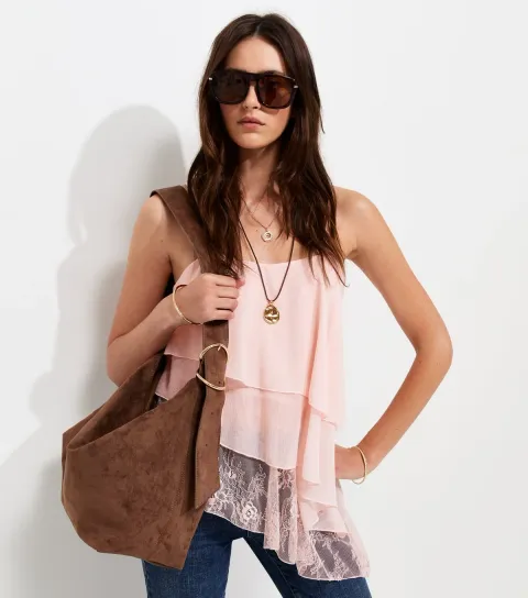Pale Pink Lace Asymmetric Tiered Cami Top