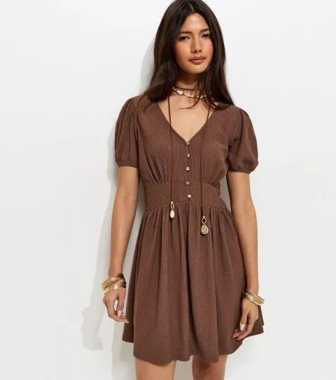 Brown Crinkle Texture V-Neck Button Front Mini Dress
