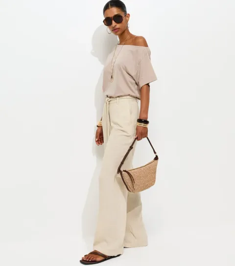 Cream Braided Belt Wide Leg Trousers