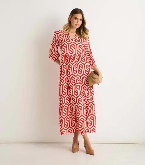 Red Geometric Print Midi Dress
