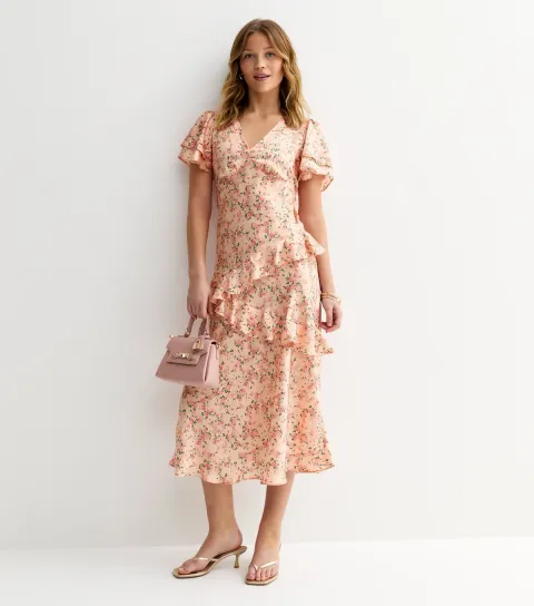 Pink Rose Print Tiered Ruffle Midi Dress