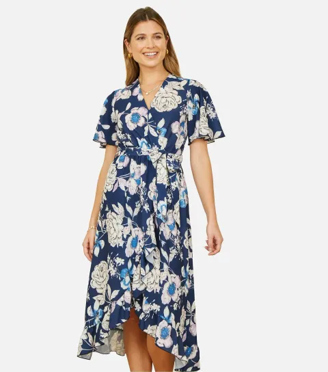 Navy Floral Print Tie Waist Midi Dress
