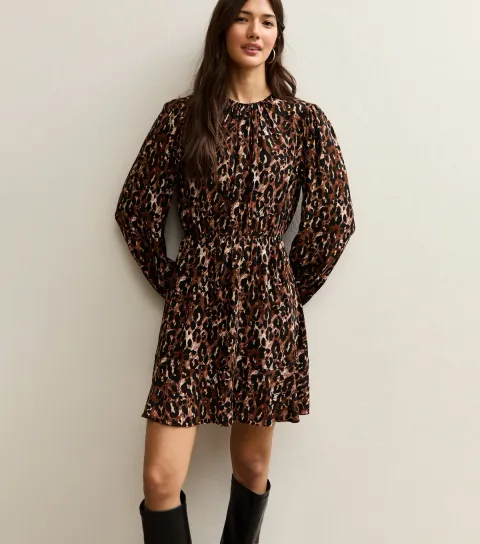 Brown Animal Print Flared Hem Mini Dress