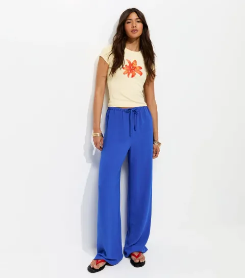Bright Blue Drawstring Waist Wide Leg Trousers