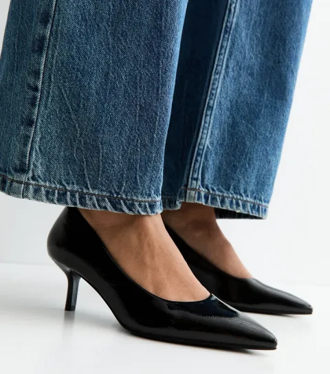 Black Patent Faux Leather Kitten Heel Court Shoes Vegan
