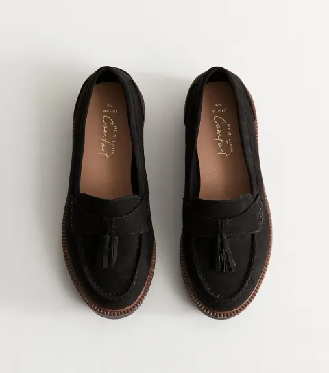 Wide Fit Black Faux Suede Chunky Sole Loafers Vegan