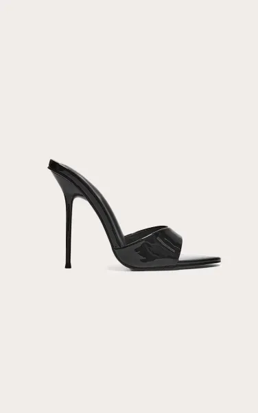 Black Pu Patent Point Toe Wide Fit Stiletto Heeled Mules