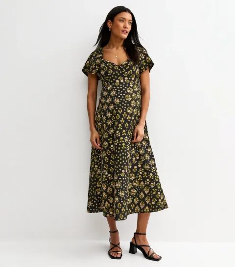 Maternity Black Floral Tea Midi Dress