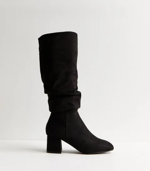 Black Faux Suede Ruched Knee High Boots Vegan