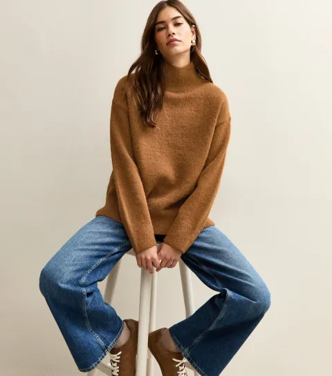 Tan Longline Stand Neck Jumper