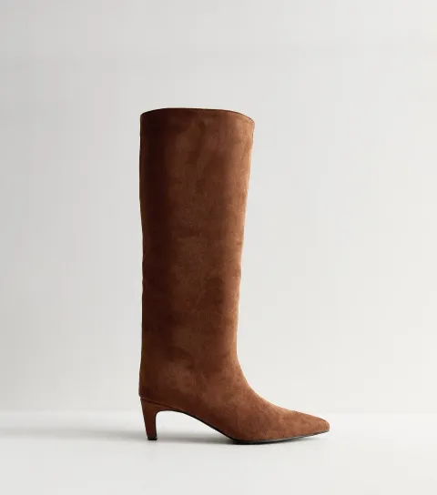 Slim Calf Fit Brown Faux Suede Knee High Boots Vegan