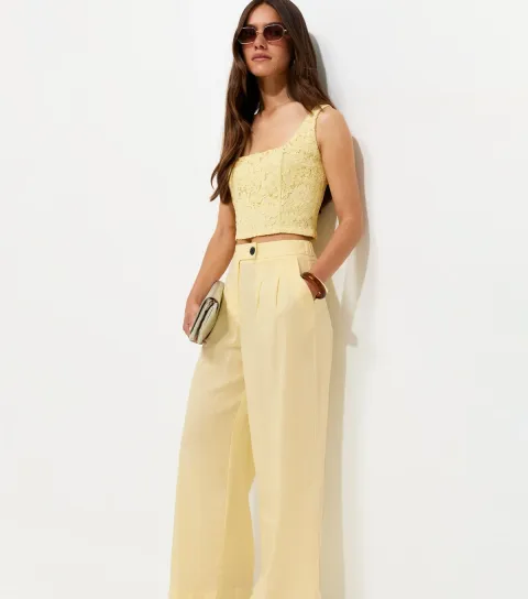 Petite Light Yellow Linen Rich Tailored Trousers