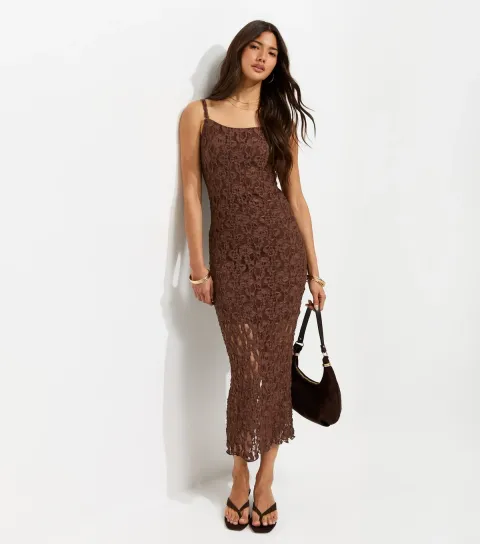 Dark Brown Floral Lace Strappy Midi Dress