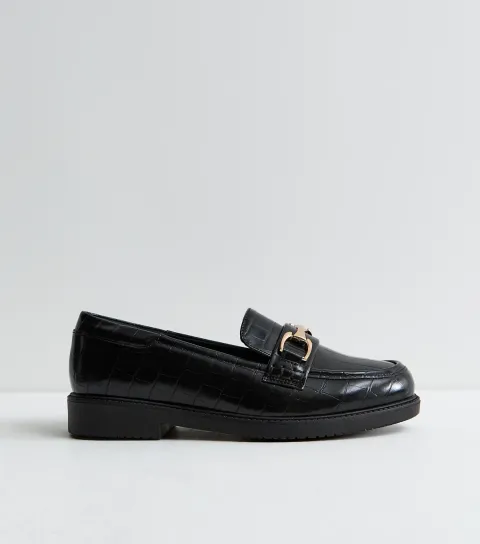 Wide Fit Black Faux Leather Croc Embossed Loafers Vegan