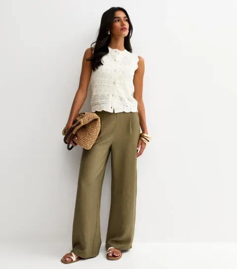 Dark Khaki Pull On Wide Leg Trousers